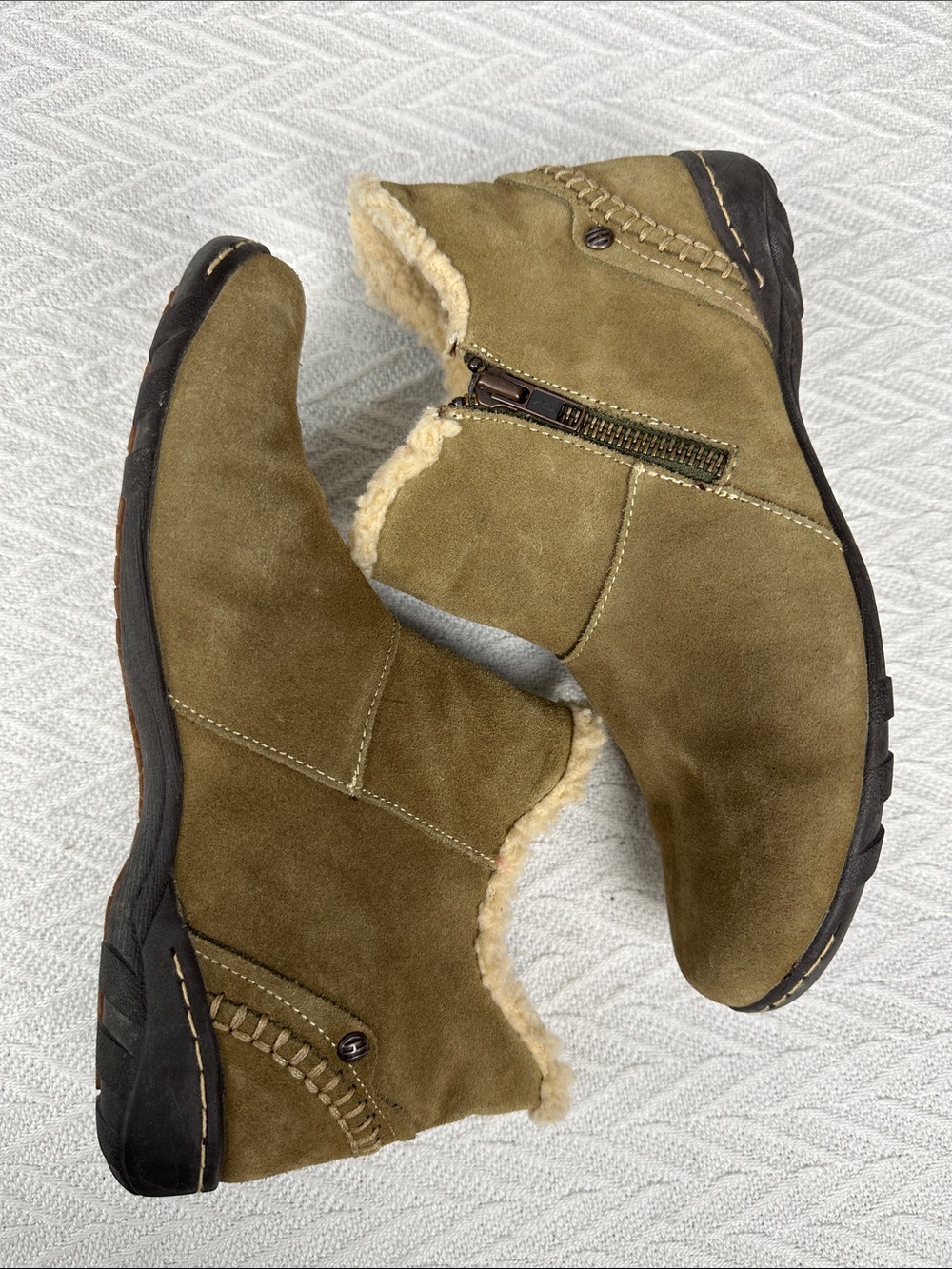 Hush Puppies Suede Waterproof Ankle Boots with faux Sherpa trim olive outdoors - Picture 2 of 12